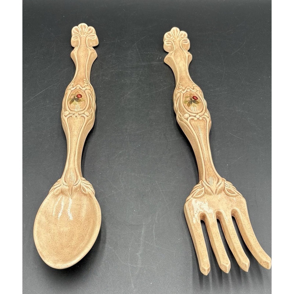 1960s Vintage Ceramic Handmade Fork & Spoon Wall Hangings 16"x 2.75"
